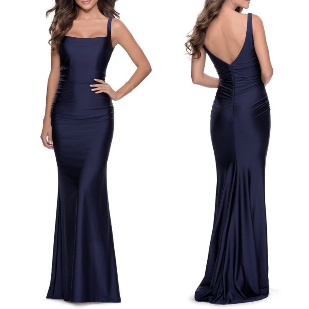 NEW La Femme 28634 Ruched Jersey Straight Neckline V Back Gown in Navy Sz. 4